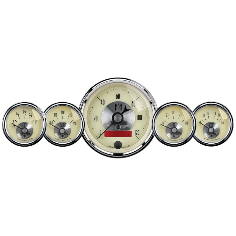 AutoMeter Gauge Kit 5 Pc. 3-3/8in. & 2-1/16in. Elec. Speedo W/Lcd Odo Prestige Antq. Ivory