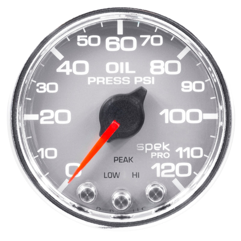 Autometer Spek-Pro Gauge Oil Press 2 1/16in 120psi Stepper Motor W/Peak & Warn Slvr/Chrm