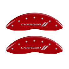 Load image into Gallery viewer, MGP 4 Caliper Covers Engraved Front &amp; Rear With stripes/Charger Red finish silver ch