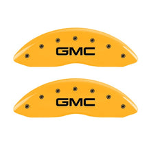 Load image into Gallery viewer, MGP Front set 2 Caliper Covers Engraved Front GMC Yellow finish black ch