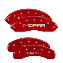 Load image into Gallery viewer, MGP 4 Caliper Covers Engraved Front &amp; Rear Mopar Red Finish Silver Char 2019 Jeep Wrangler