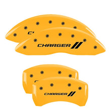 Load image into Gallery viewer, MGP 4 Caliper Covers Engraved Front &amp; Rear With stripes/Charger Yellow finish black ch