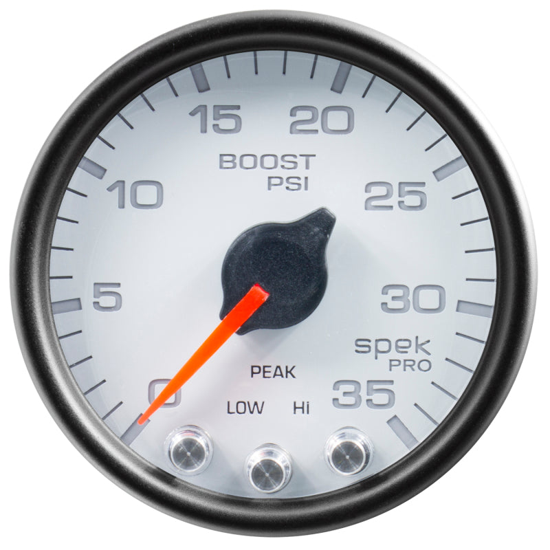 Autometer Spek-Pro Gauge Boost 2 1/16in 35psi Stepper Motor W/Peak & Warn White/Black