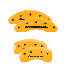 Load image into Gallery viewer, MGP 4 Caliper Covers Engraved Front &amp; Rear Impala Yellow Finish Black Char 2002 Chevrolet Impala