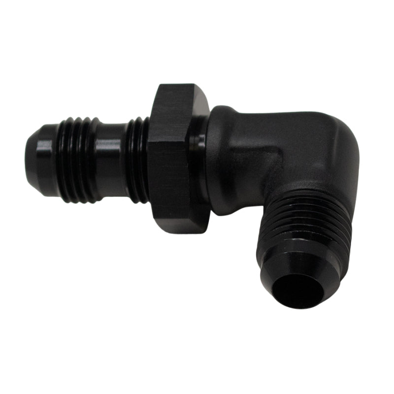 DeatschWerks 6AN Male Flare to 6AN Male Flare Bulkhead Adapter 90-Degree - Anodized Matte Black