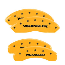 Load image into Gallery viewer, MGP 4 Caliper Covers Engraved Front &amp; Rear Wrangler Yellow Finish Black Char 2003 Jeep Wrangler