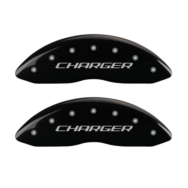 MGP 4 Caliper Covers Engraved Front & Rear Block/Charger Black finish silver ch