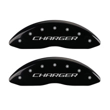 Load image into Gallery viewer, MGP 4 Caliper Covers Engraved Front Charger Engraved Rear RT Black finish silver ch