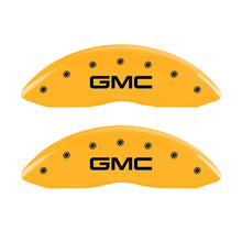 Load image into Gallery viewer, MGP Front set 2 Caliper Covers Engraved Front GMC Yellow finish black ch