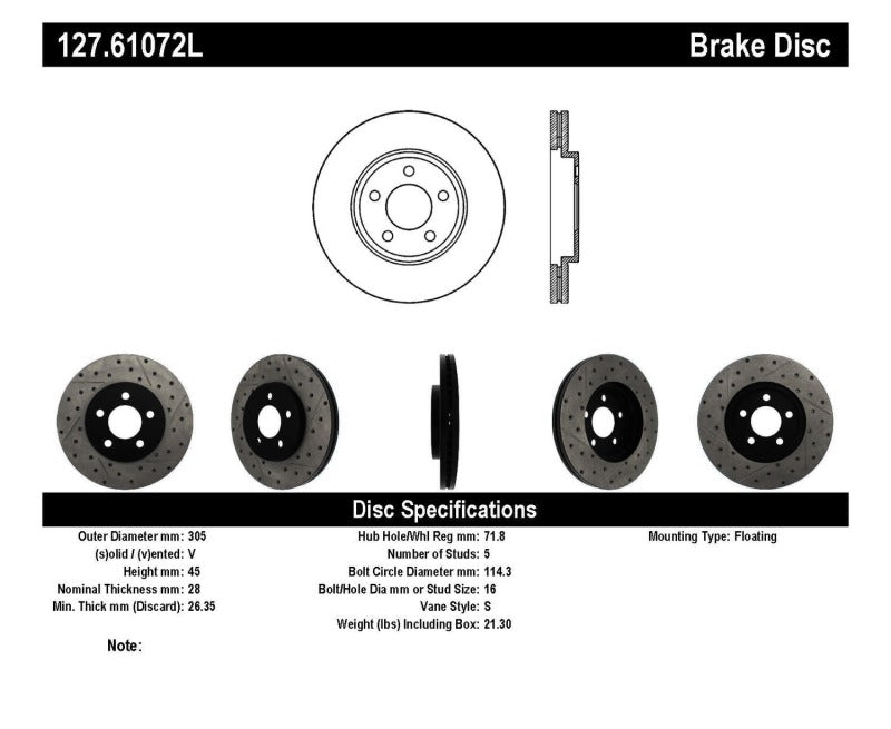 StopTech 03-09 Lincoln Town Car / 03-09 Mercury Grand Marquis Front Left Slotted & Drilled Rotor