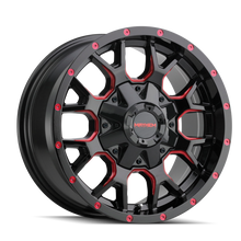 Load image into Gallery viewer, Mayhem 8015 Warrior 18x9 / 5x139.7 BP / 18mm Offset / 110mm Hub Black w/ Prism Red Wheel