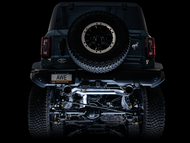 AWE Tuning 2021+ Ford Bronco 0FG Dual Rear Exit Exhaust w/Diamond Black Tips & Bash Guard