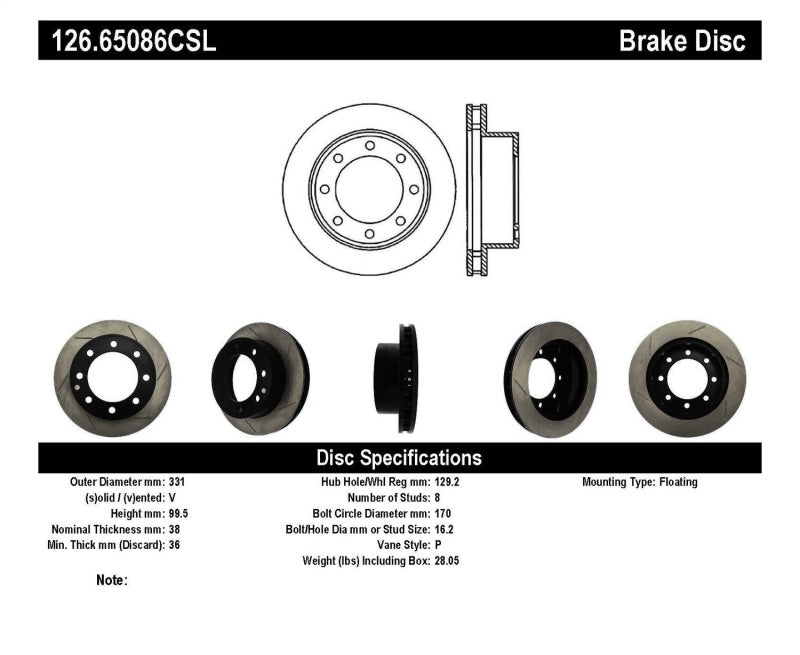 StopTech Power Slot 00-05 Ford Excursion / 99-04 F250/F350 Front Left Slotted CRYO Brake Rotor