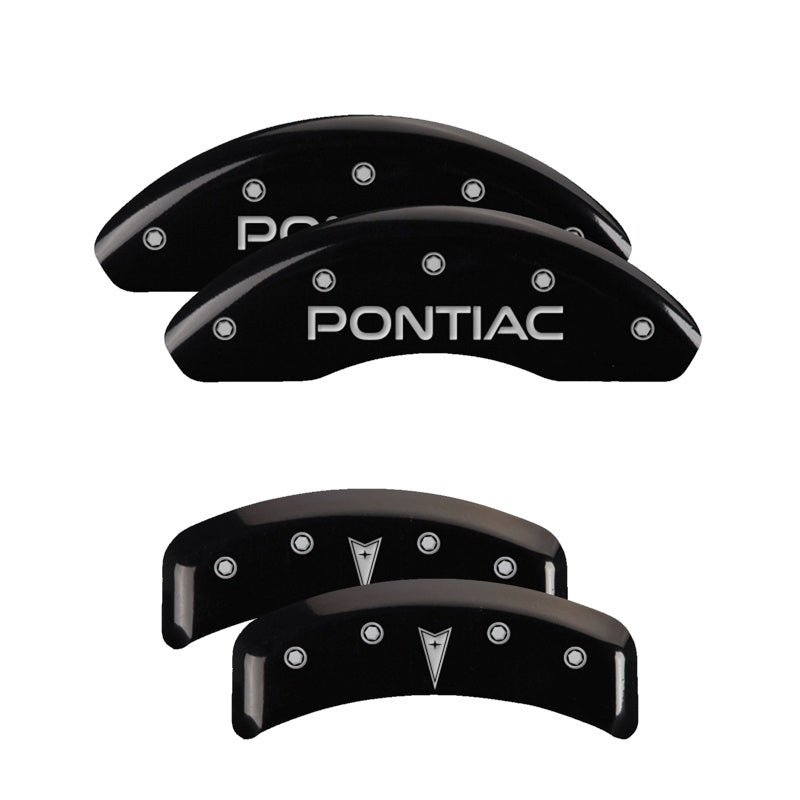 MGP 4 Caliper Covers Engraved Front Pontiac Engraved Rear Arrow Black finish silver ch