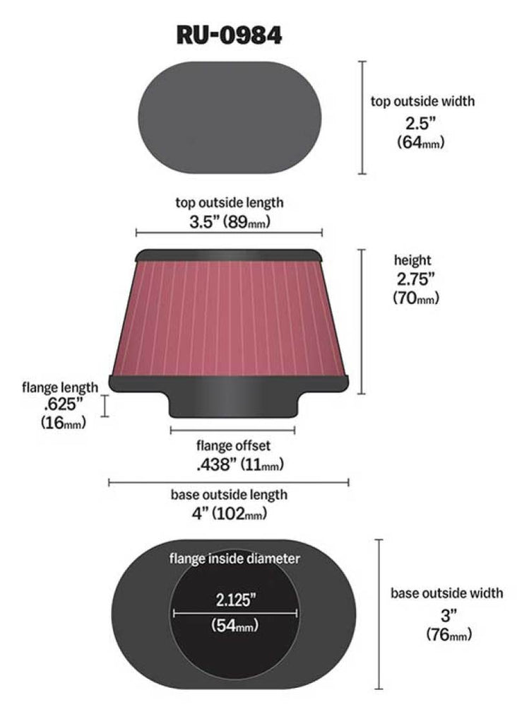 K&N Universal Rubber Filter 2.125in Flange ID/3in x 4in Tapered Oval/2.75in Height (4 Filters)