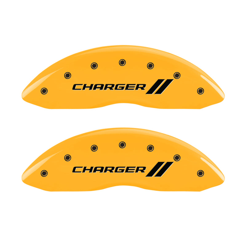 MGP 4 Caliper Covers Engraved Front & Rear With stripes/Charger Yellow finish black ch