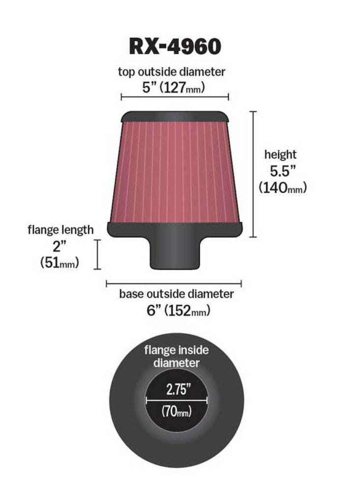 K&N Filter Universal X Stream Clamp-On 2.75in Flange ID / 6in Base OD / 5in Top OD / 5.5in Height