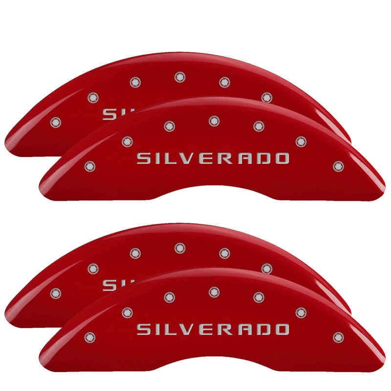 MGP 4 Caliper Covers Engraved Front & Rear Silverado Red finish silver ch