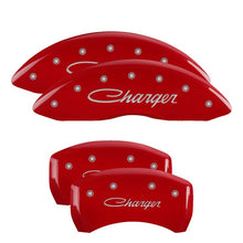 Load image into Gallery viewer, MGP 4 Caliper Covers Engraved Front Cursive/Challenger Engraved Rear RT Red finish silver ch