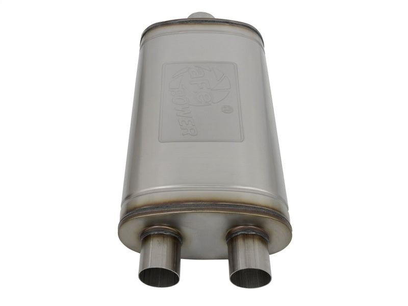 aFe MACHForce XP SS Muffler 3in Center Inlet / 2.5in Dual Outlets 22in L x 11in W x 6in H Body