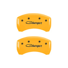 Load image into Gallery viewer, MGP 4 Caliper Covers Engraved Front &amp; Rear 05-10 Dodge Charger R/T Yellow Finish Black Cursive Logo