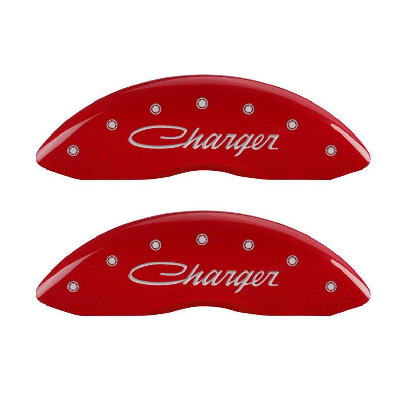 MGP 4 Caliper Covers Engraved Front & Rear Cursive/Charger Red finish silver ch