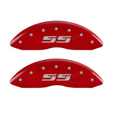 Load image into Gallery viewer, MGP 4 Caliper Covers Engraved Front &amp; Rear Silverado style/SS Red finish silver ch