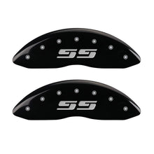 Load image into Gallery viewer, MGP Front set 2 Caliper Covers Engraved Front Silverado style/SS Black finish silver ch