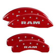 Load image into Gallery viewer, MGP 4 Caliper Covers Engraved Front &amp; Rear Ram Red Finish Silver Char 2019 Ram 1500