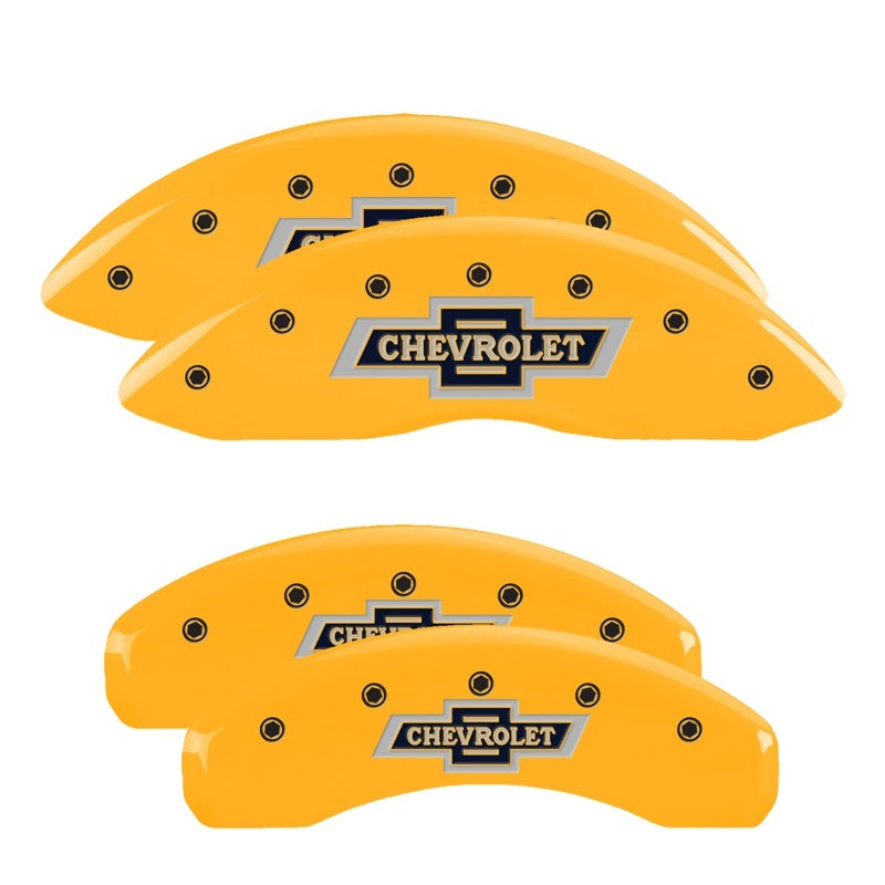 MGP 4 Caliper Covers Engraved Front & Rear Chevrolet 100 Anniversary Logo Yellow Finish Black Charac