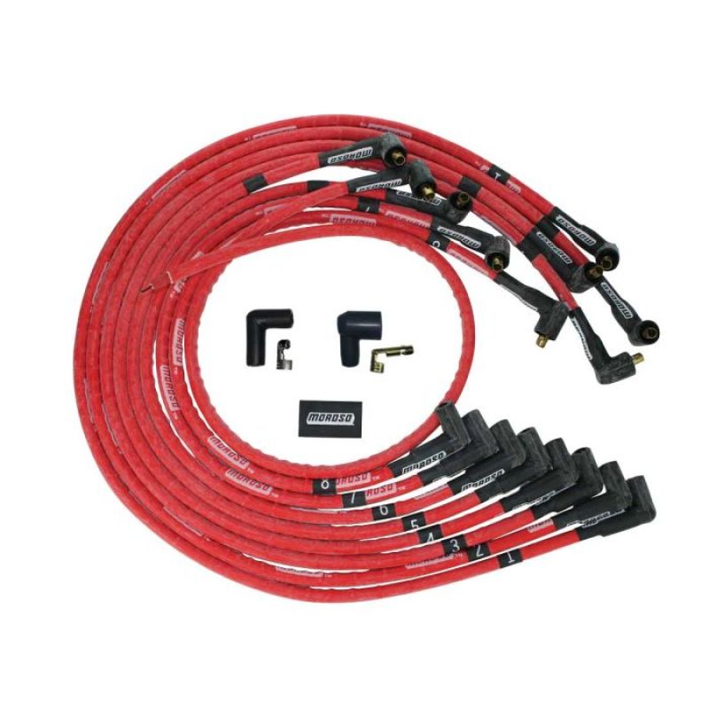 Moroso SBC Under Header 90 Deg Plug Non-HEI Sleeved Ultra Spark Plug Wire Set - Red