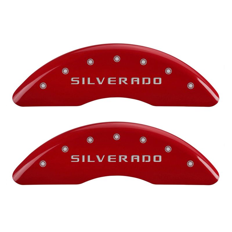 MGP 4 Caliper Covers Engraved Front & Rear Silverado Red finish silver ch