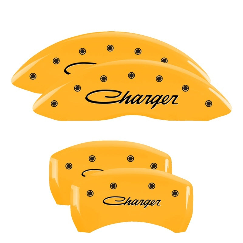 MGP 4 Caliper Covers Engraved Front & Rear 05-10 Dodge Charger R/T Yellow Finish Black Cursive Logo