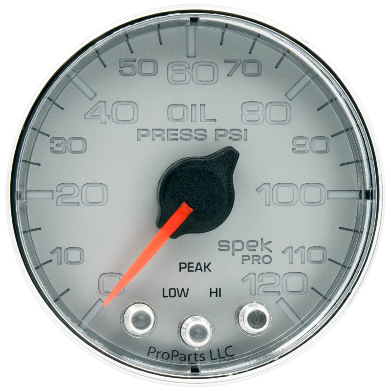 Autometer Spek-Pro Gauge Oil Press 2 1/16in 120psi Stepper Motor W/Peak & Warn Slvr/Chrm