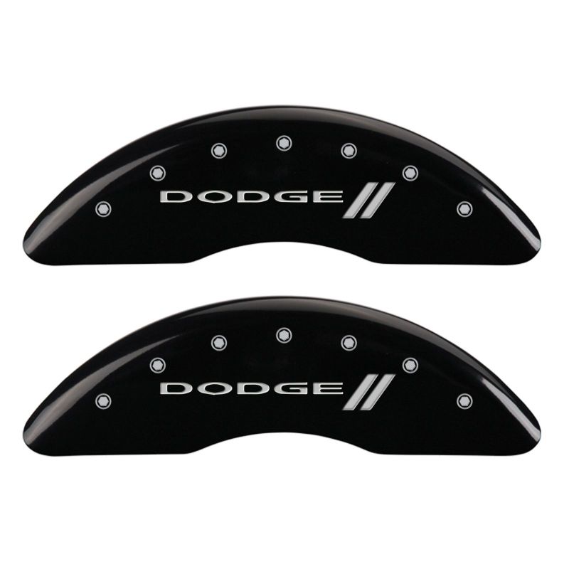 MGP 4 Caliper Covers Engraved Front & Rear With stripes/Dodge Black finish silver ch